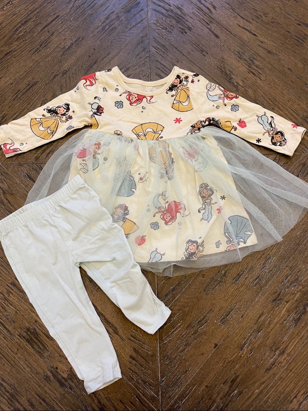 Disney Baby Cream and Yellow Princess Print Long-Sleeve Tulle Top With Leggings